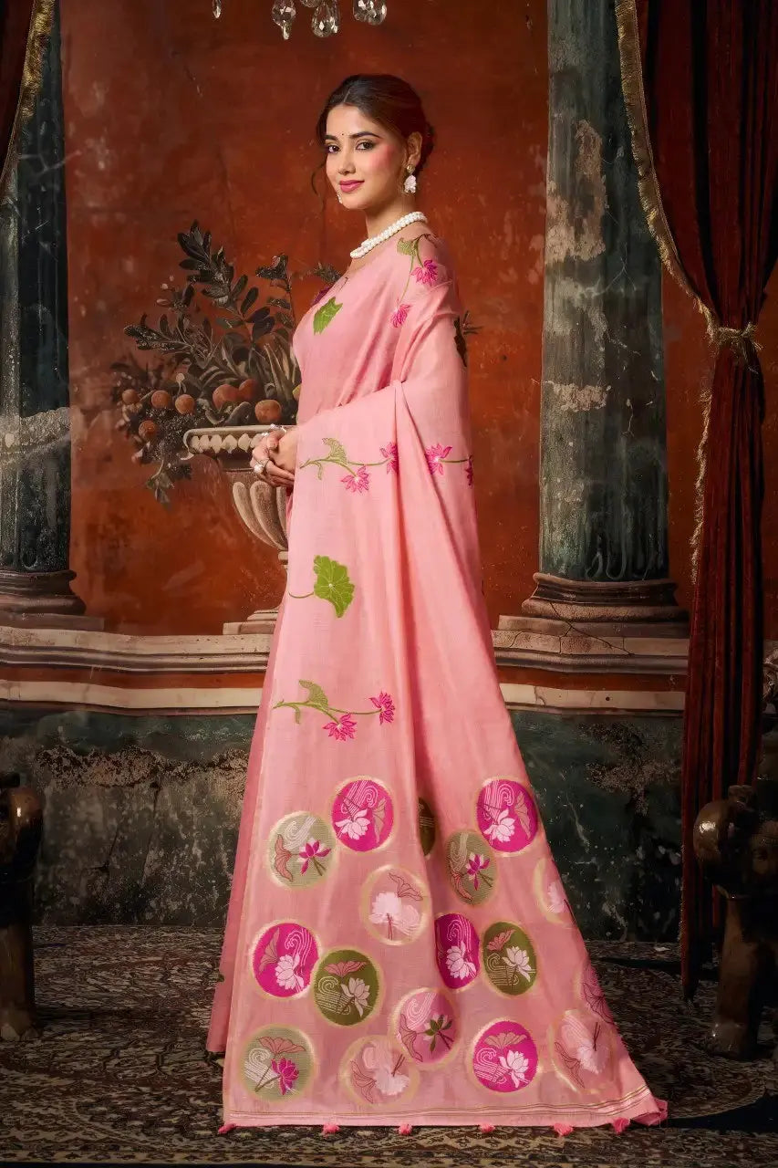 Pink Jacquard Weaving Saree Cotton front drape – zari border, woven pallu | KS313 Kalyanja